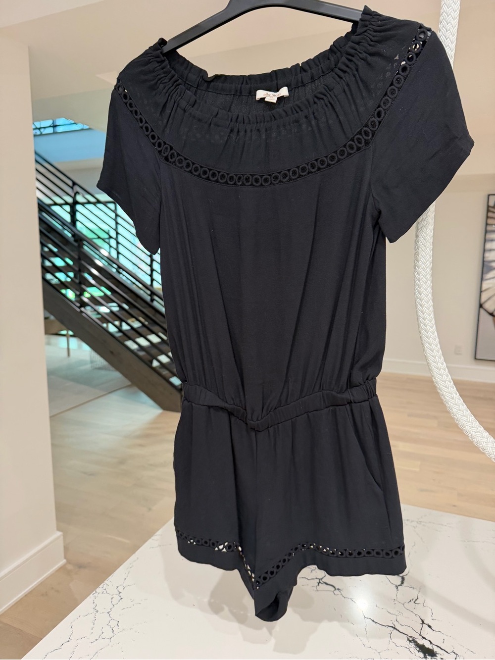 Ella Moss Black Short Sleeve eyelet Romper